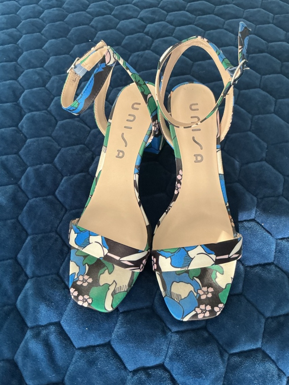Unisa Blue Floral Ankle Strap Heels